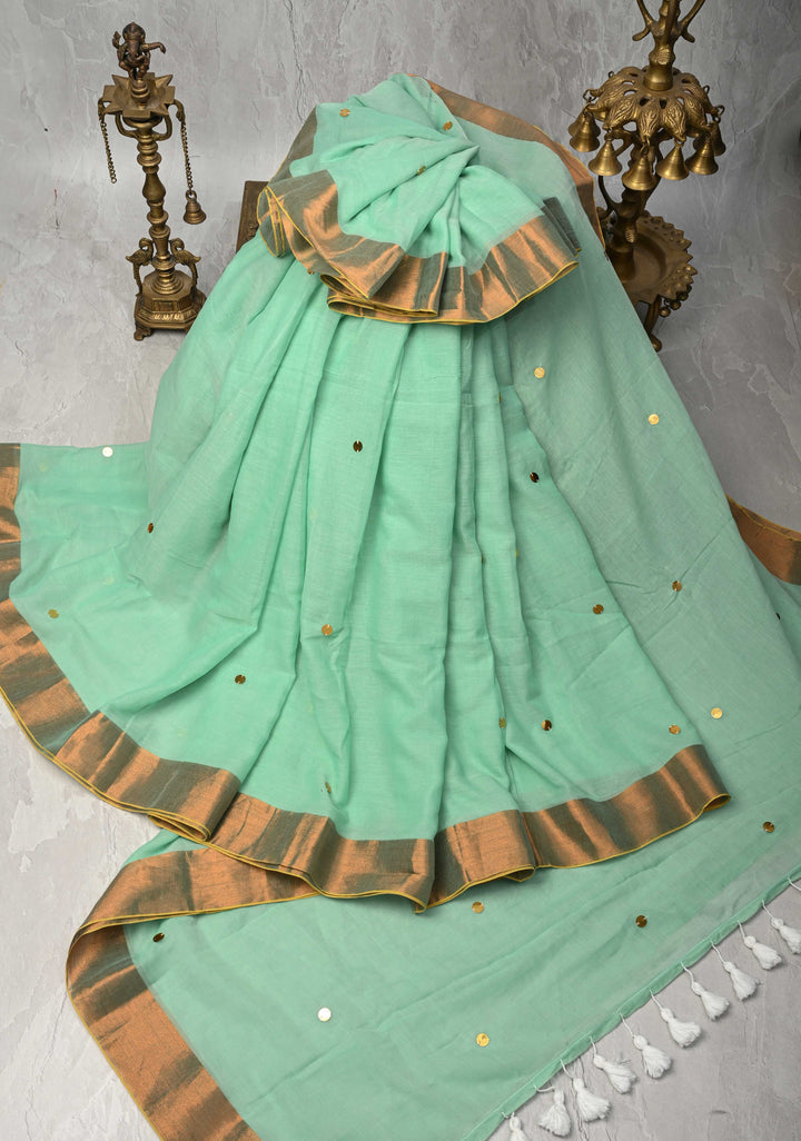 Seafoam Green Bengal Cotton saree in With Tikki work and Long Tassels