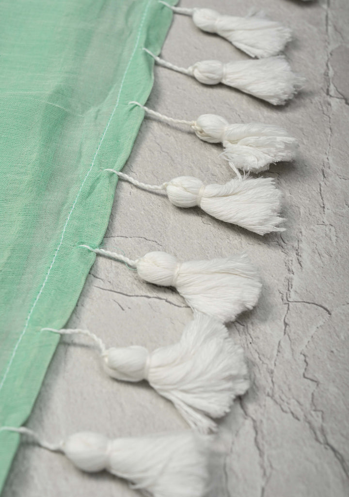Seafoam Green Bengal Cotton saree in With Tikki work and Long Tassels