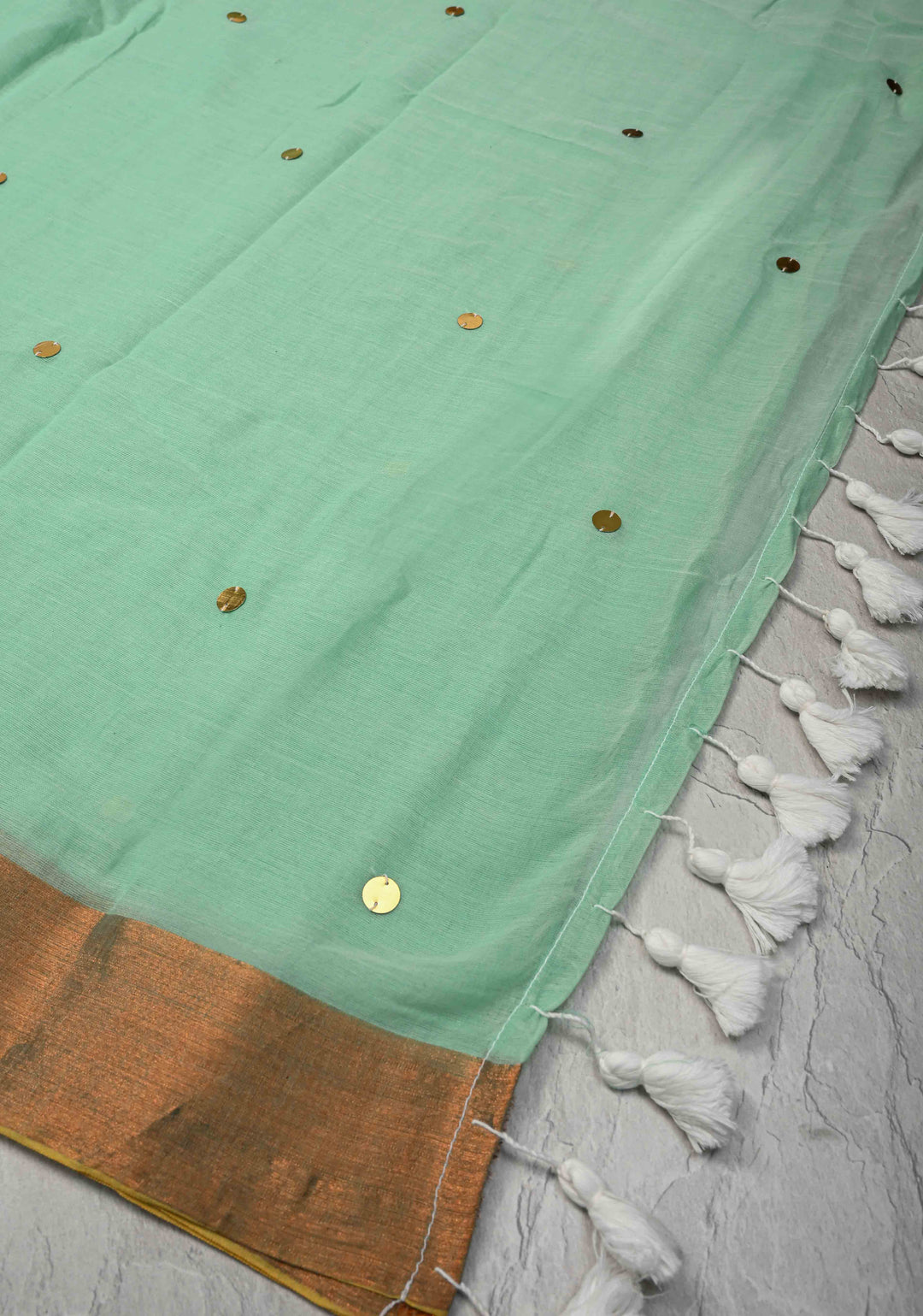 Seafoam Green Bengal Cotton saree in With Tikki work and Long Tassels