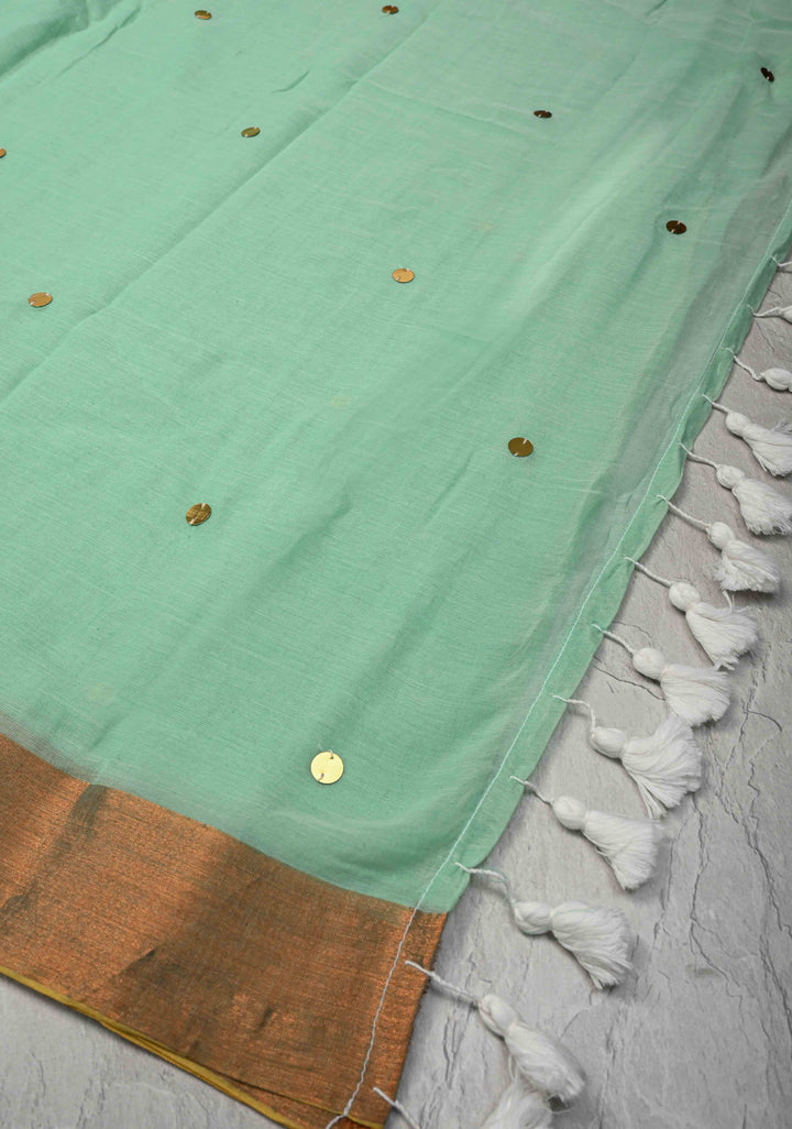 Seafoam Green Bengal Cotton saree in With Tikki work and Long Tassels