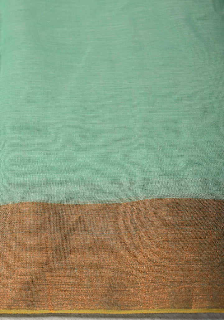 Seafoam Green Bengal Cotton saree in With Tikki work and Long Tassels