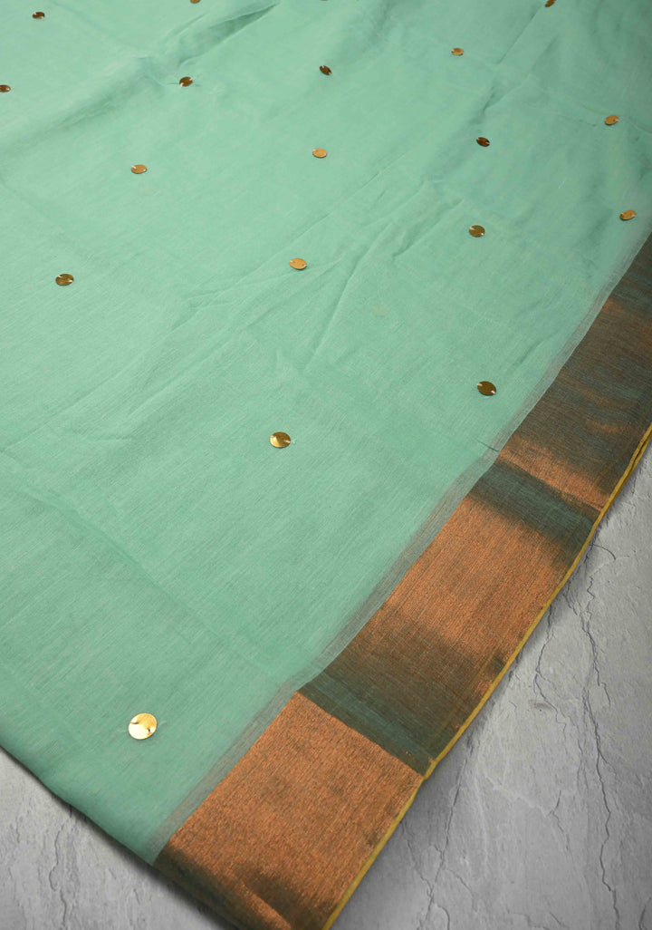 Seafoam Green Bengal Cotton saree in With Tikki work and Long Tassels