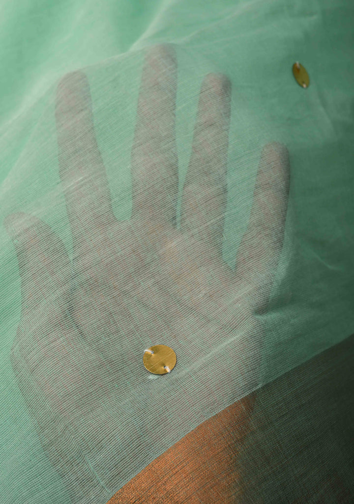 Seafoam Green Bengal Cotton saree in With Tikki work and Long Tassels