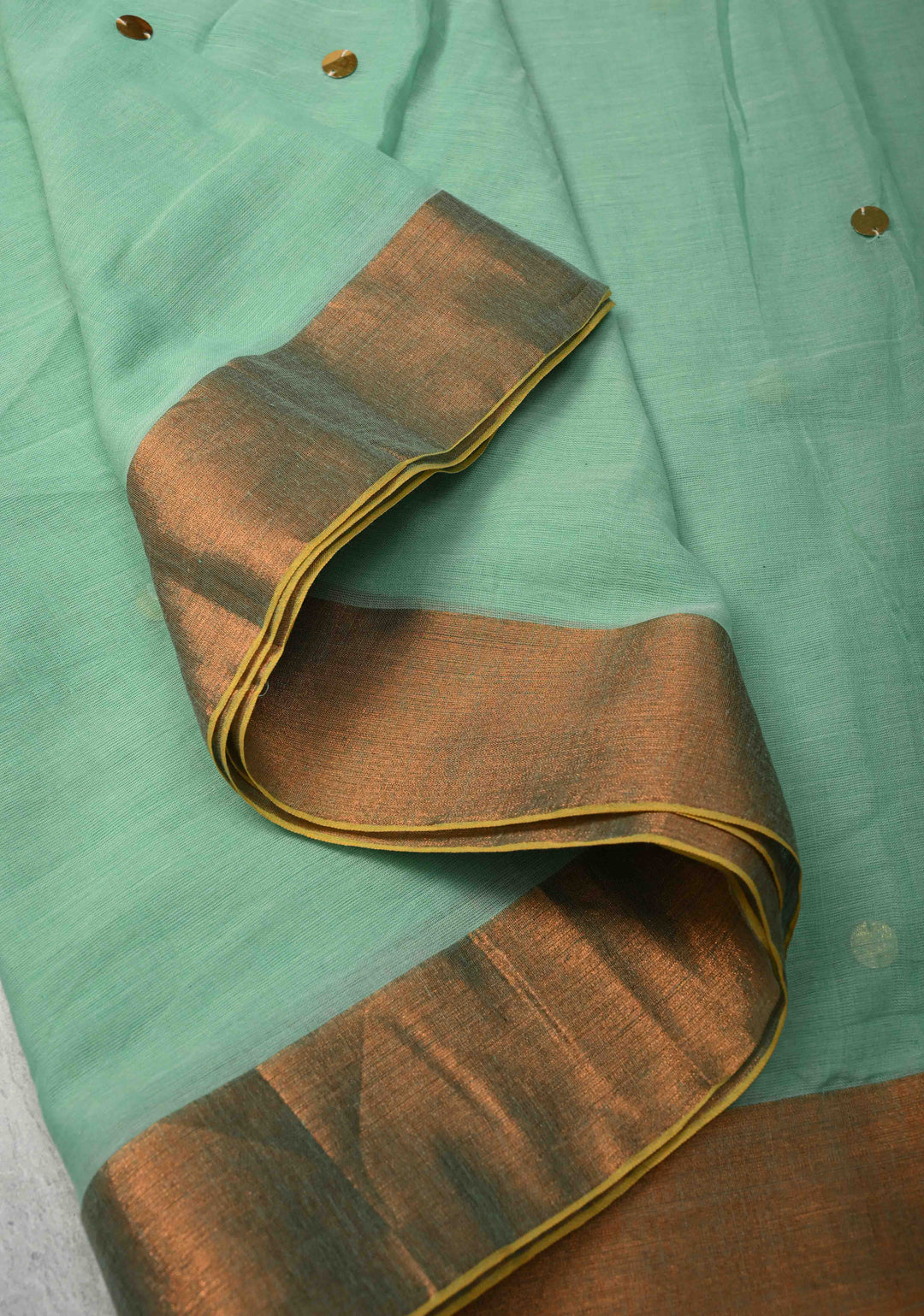 Seafoam Green Bengal Cotton saree in With Tikki work and Long Tassels