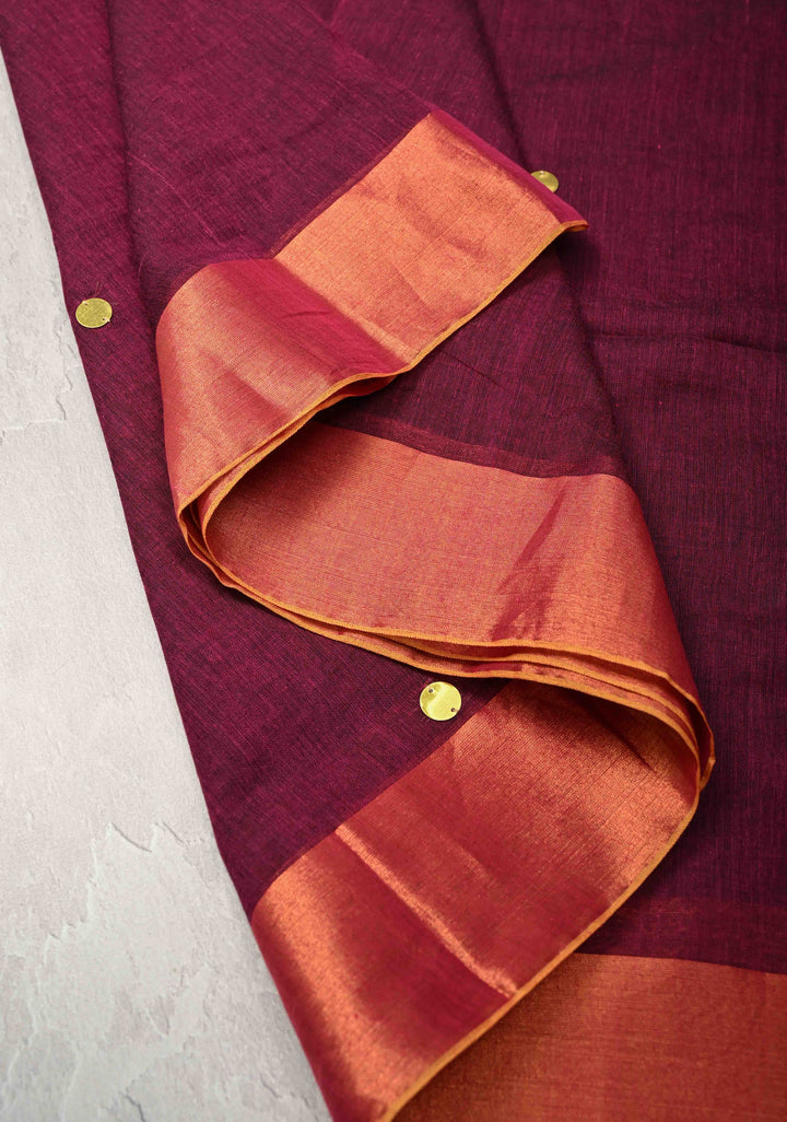 Magenta Bengal Cotton saree in With Tikki work and Long Tassels