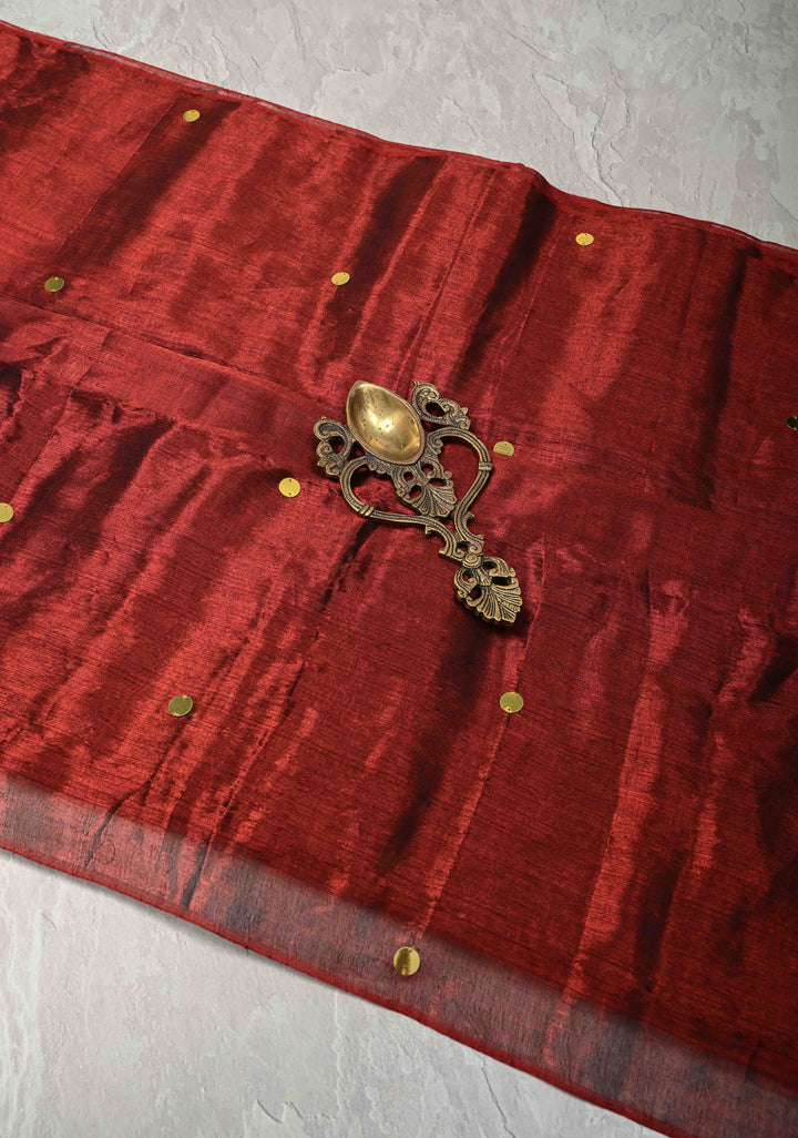 Maroon Tissue by Tissue Saree with Tikki Work and Long Tassels