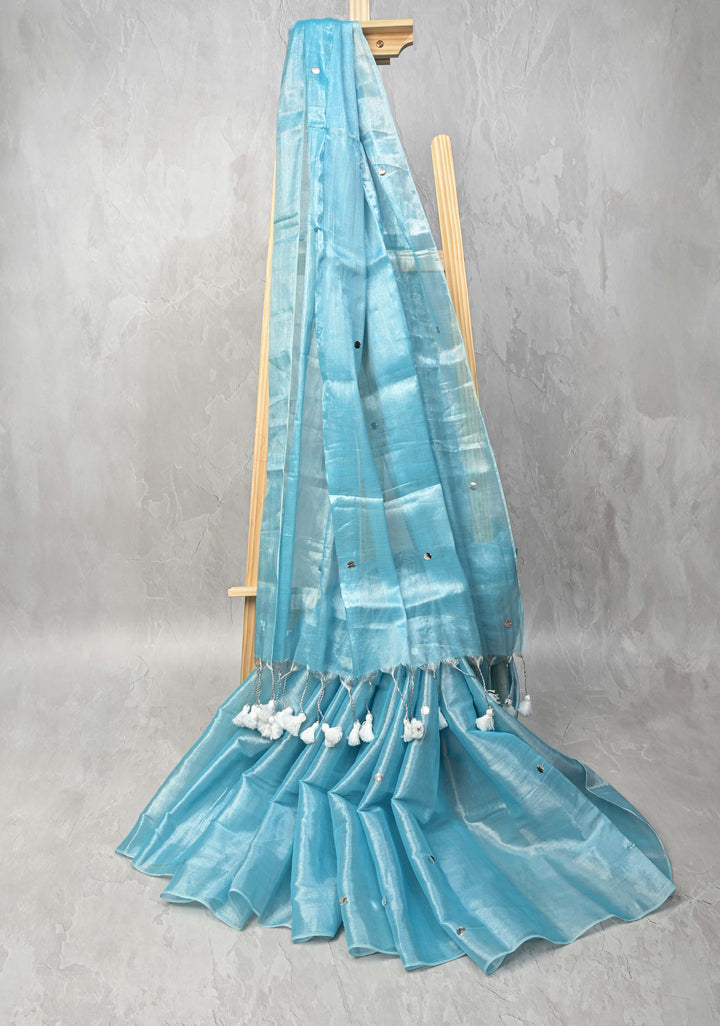 Light Turquoise Organza saree With Tikki work and Long Tassels