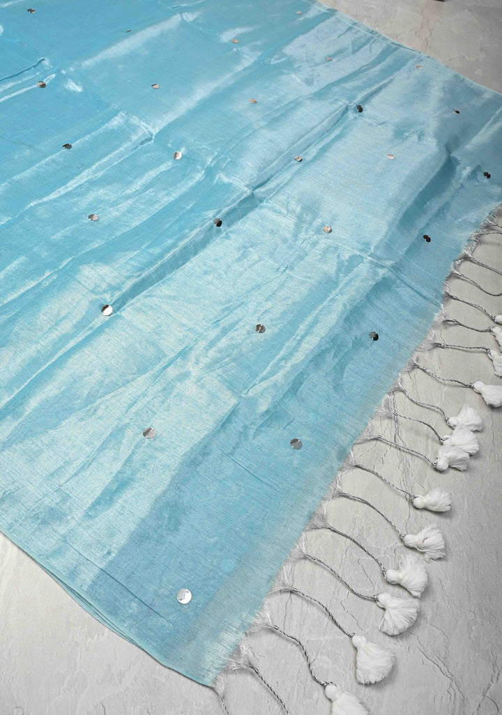Light Turquoise Organza saree With Tikki work and Long Tassels