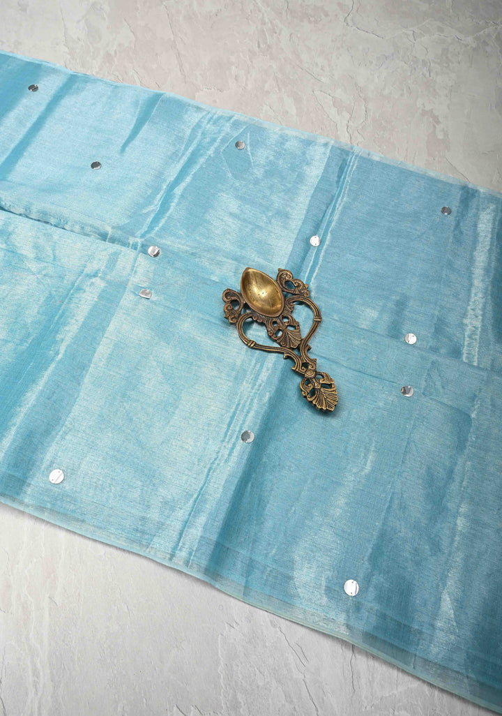 Light Turquoise Organza saree With Tikki work and Long Tassels