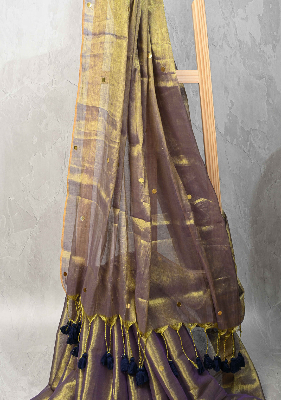 Lime green and Lilac dual tone Tissue By Tissue saree With Tikki work and Long Tassels