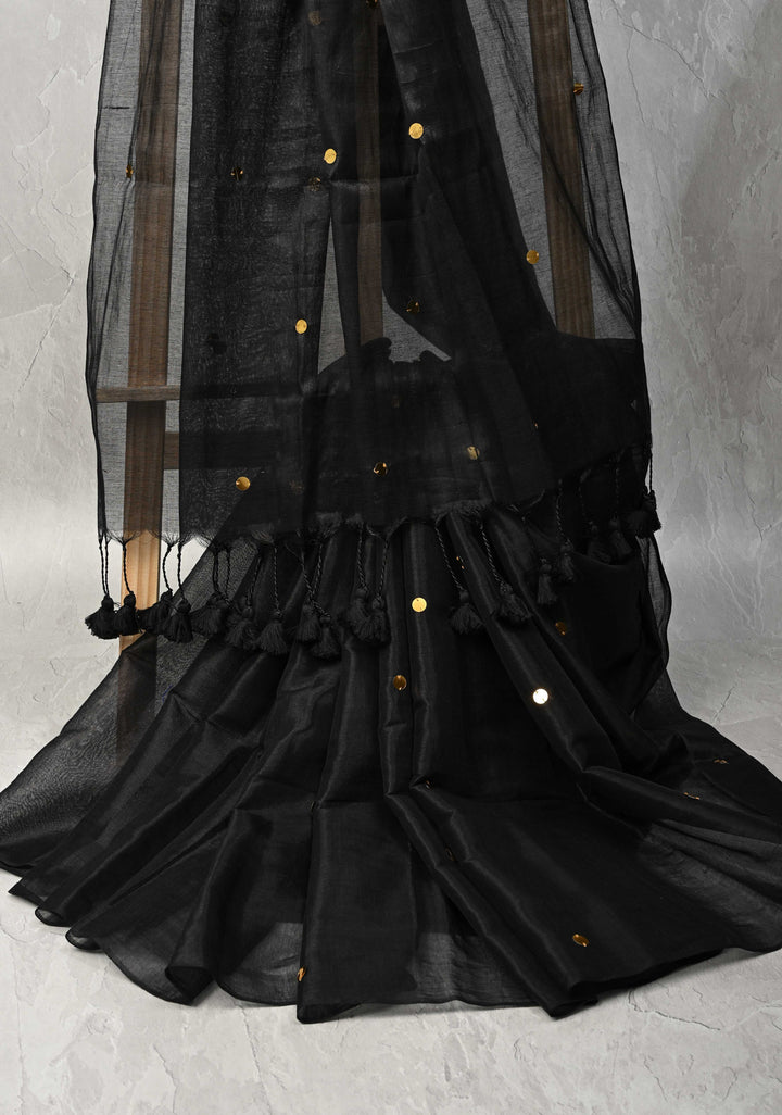 Black Cotton Organza saree With Tikki work and Long Tassels