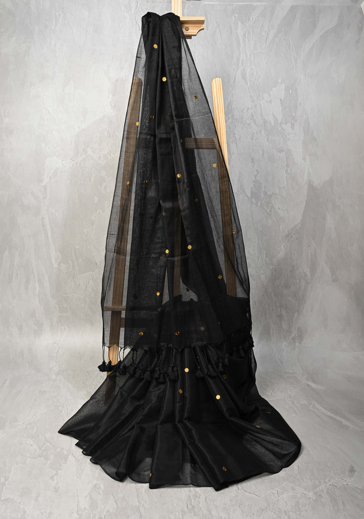Black Cotton Organza saree With Tikki work and Long Tassels