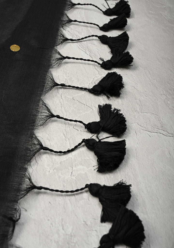 Black Cotton Organza saree With Tikki work and Long Tassels