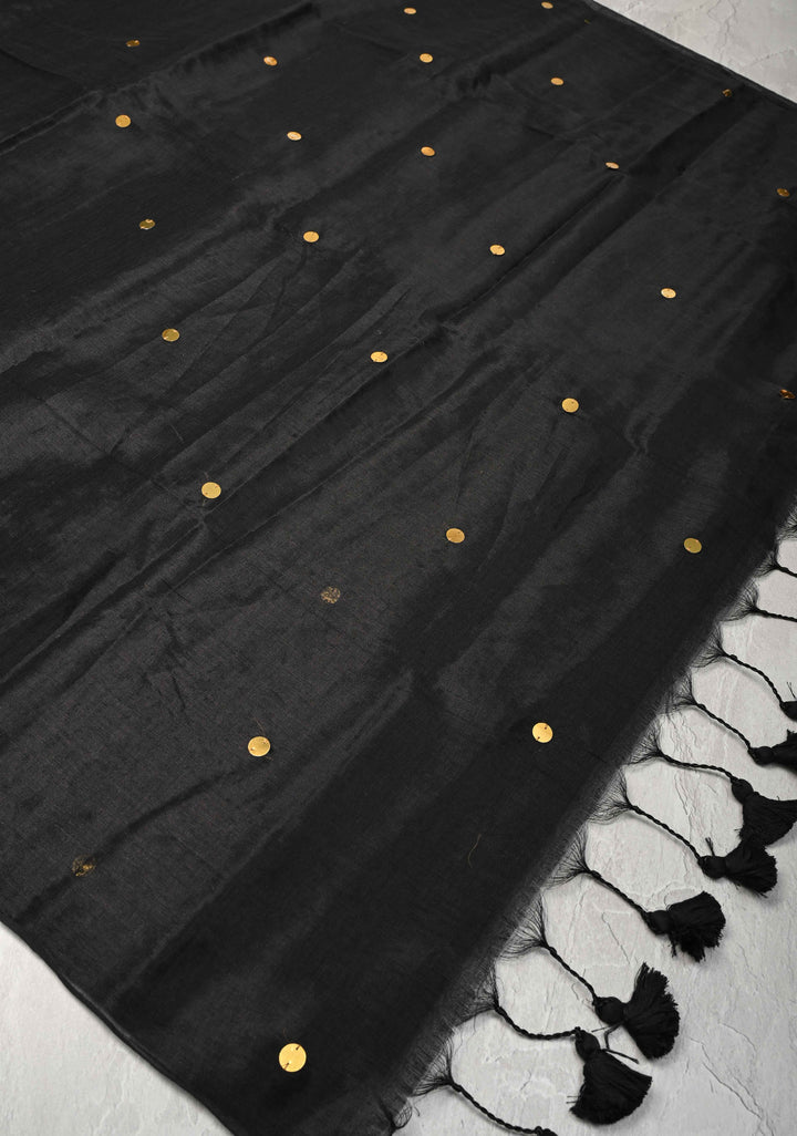 Black Cotton Organza saree With Tikki work and Long Tassels