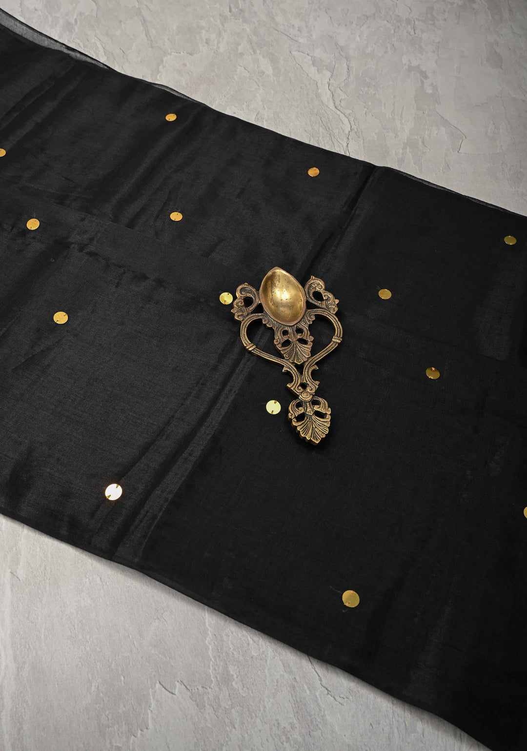 Black Cotton Organza saree With Tikki work and Long Tassels