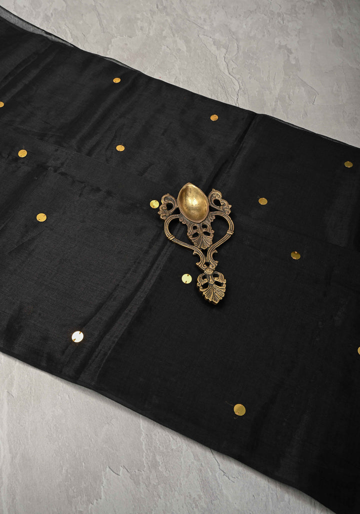 Black Cotton Organza saree With Tikki work and Long Tassels
