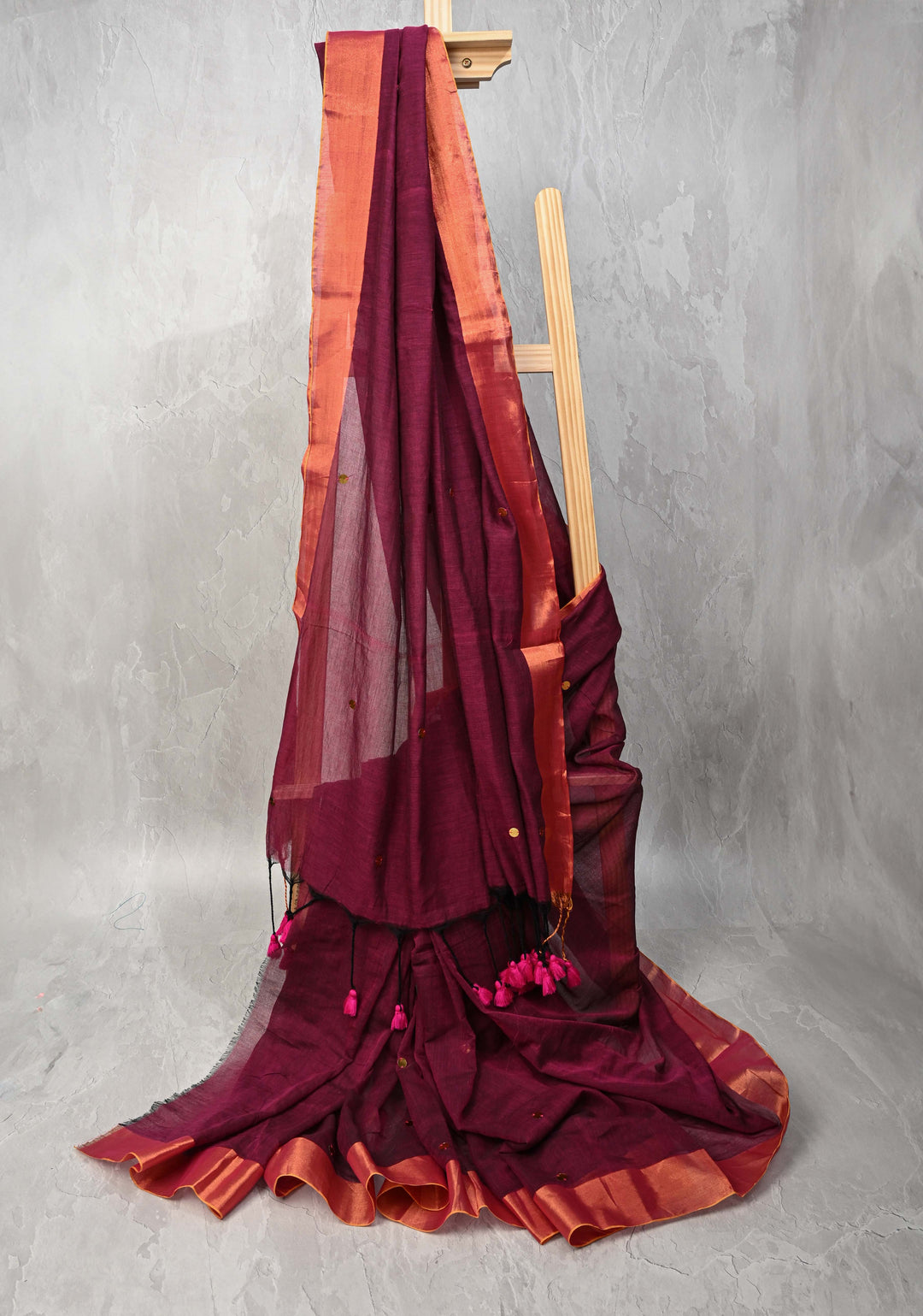 Plum Bengal Mul Cotton saree in With Tikki work and Long Tassels
