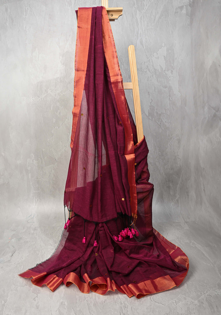 Plum Bengal Mul Cotton saree in With Tikki work and Long Tassels