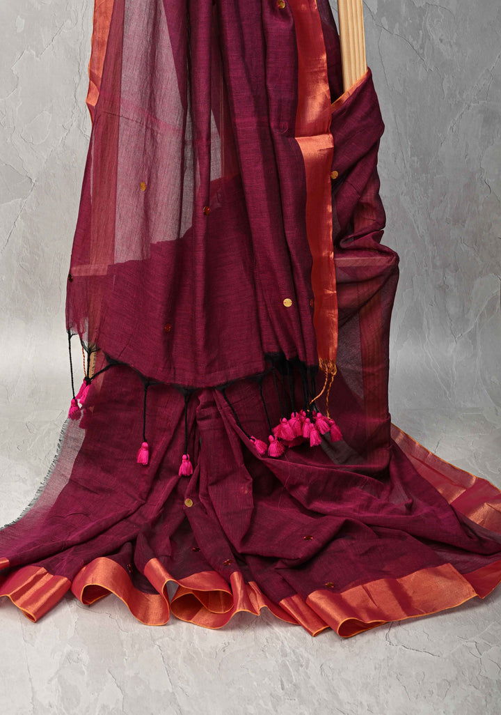 Plum Bengal Mul Cotton saree in With Tikki work and Long Tassels
