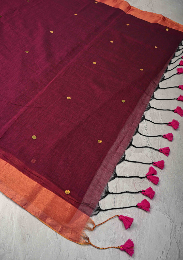 Plum Bengal Mul Cotton saree in With Tikki work and Long Tassels