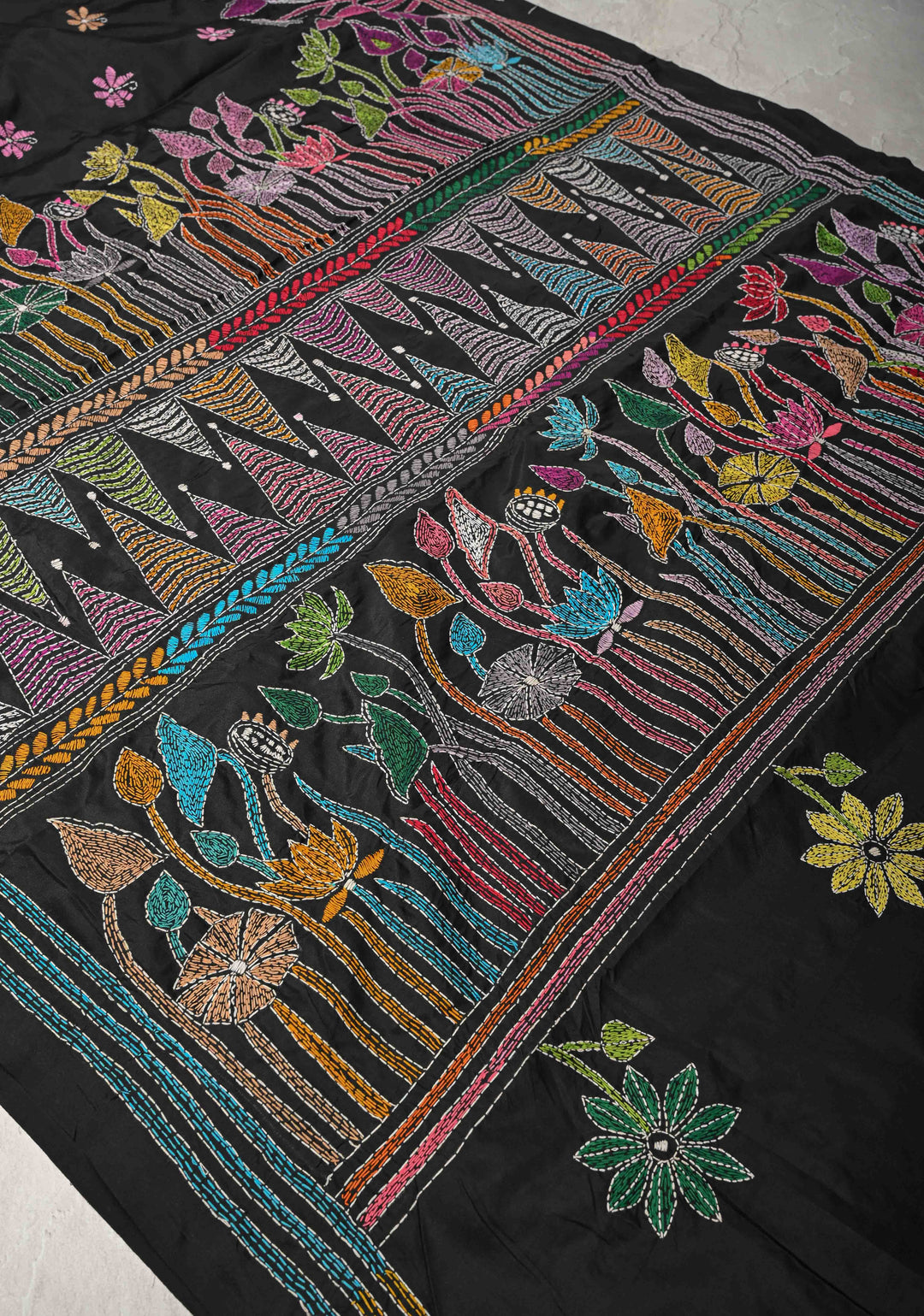 Black Art Silk Saree with Kantha Hand Embroidery Design