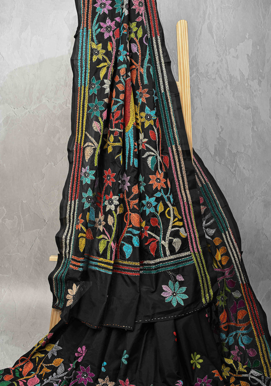 Black Art Silk Saree with Kantha Hand Embroidery Design