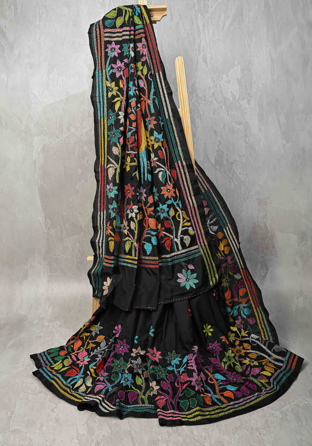 Black Art Silk Saree with Kantha Hand Embroidery Design