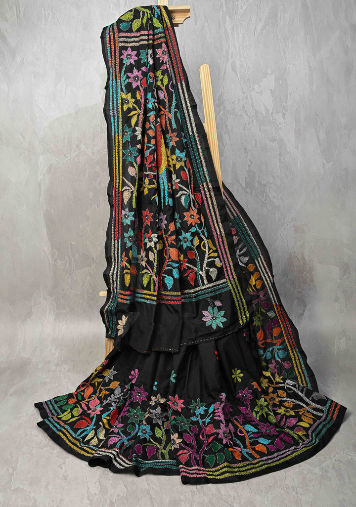 Black Art Silk Saree with Kantha Hand Embroidery Design