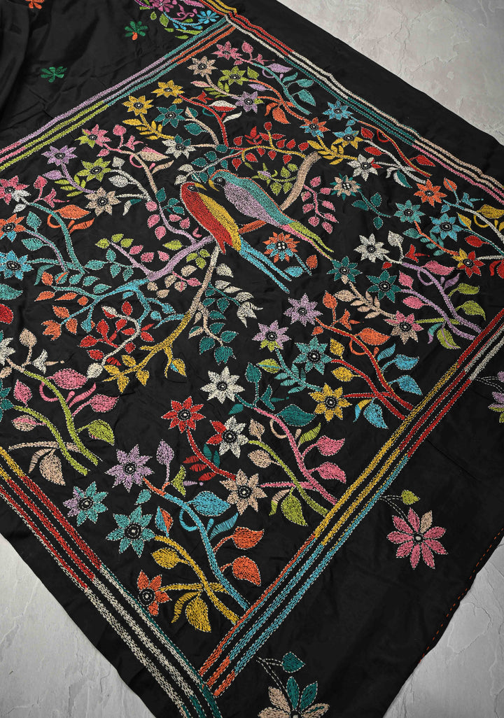 Black Art Silk Saree with Kantha Hand Embroidery Design