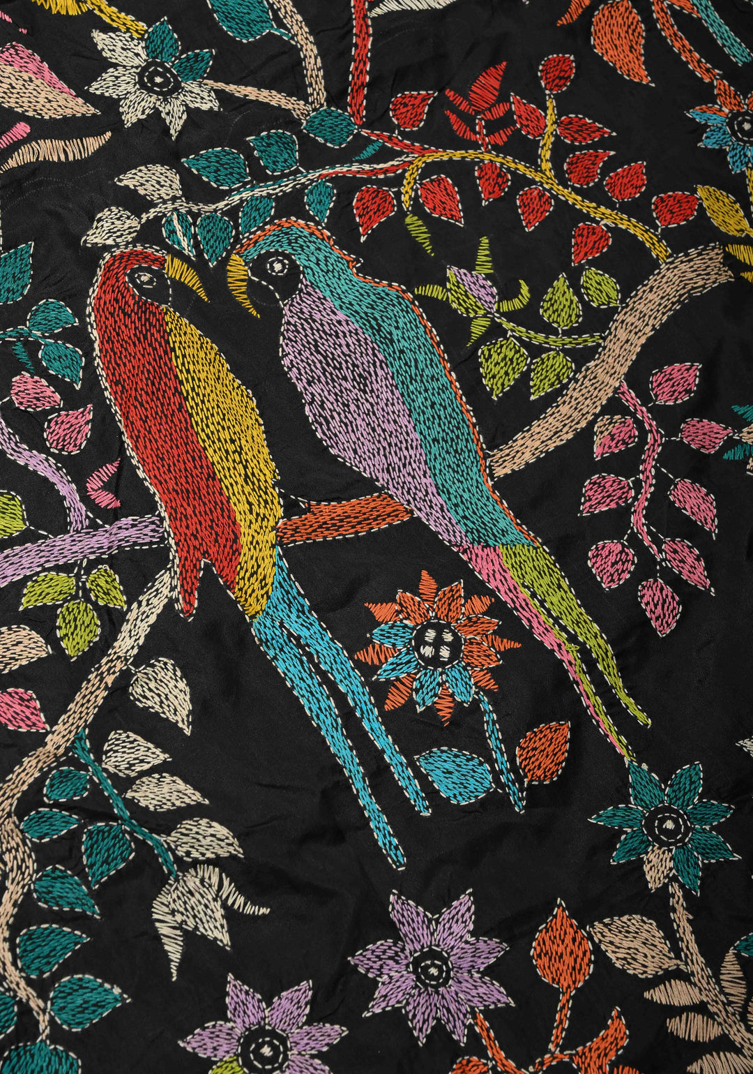 Black Art Silk Saree with Kantha Hand Embroidery Design