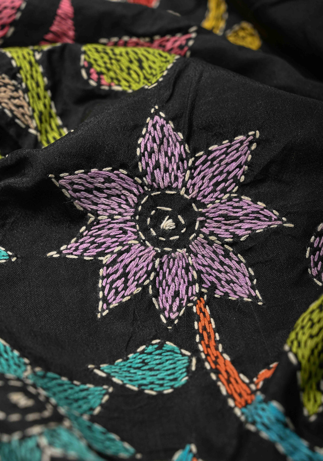 Black Art Silk Saree with Kantha Hand Embroidery Design