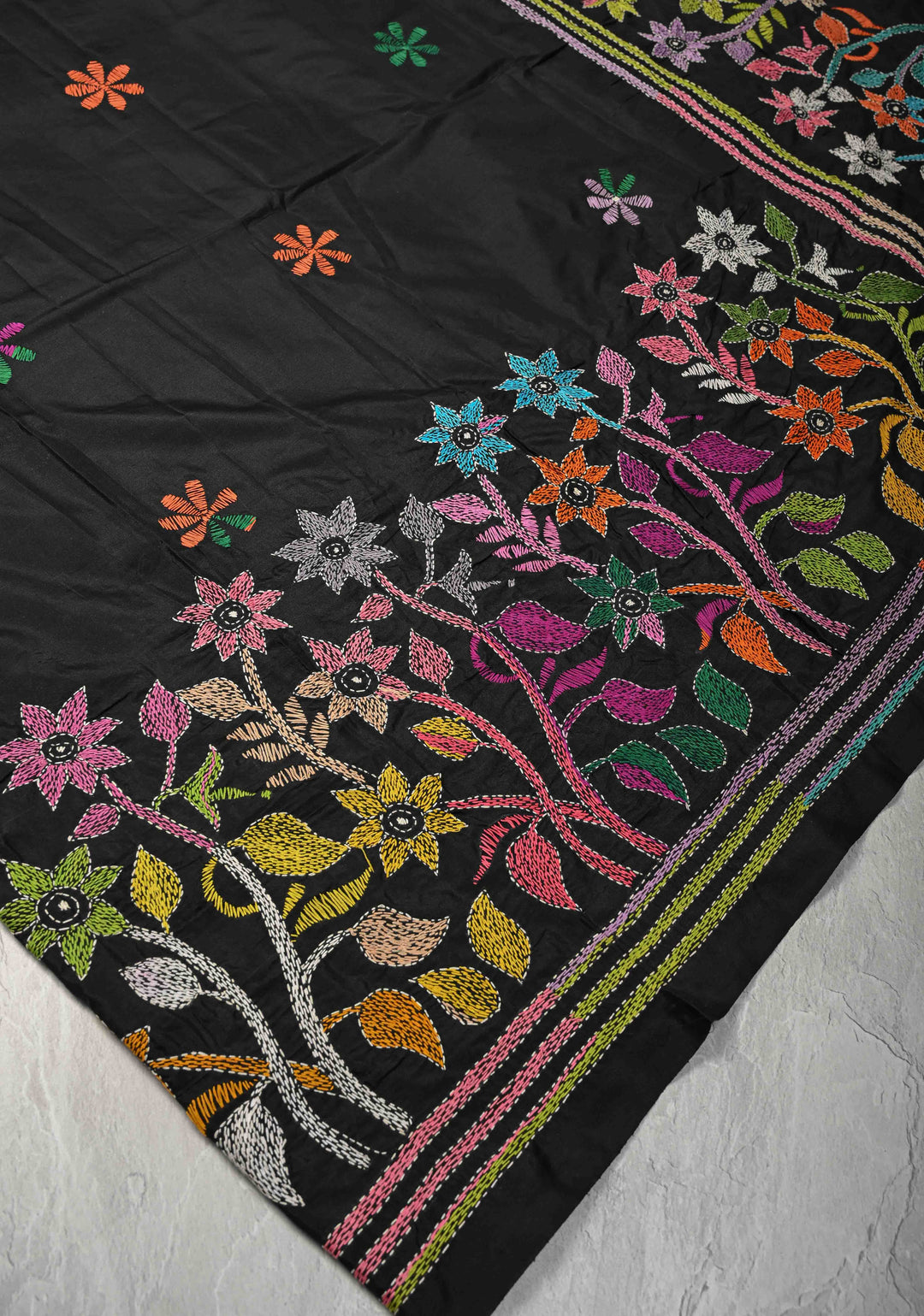 Black Art Silk Saree with Kantha Hand Embroidery Design