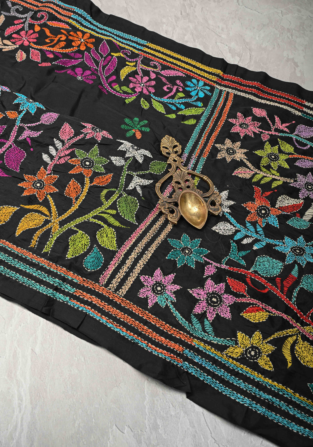 Black Art Silk Saree with Kantha Hand Embroidery Design
