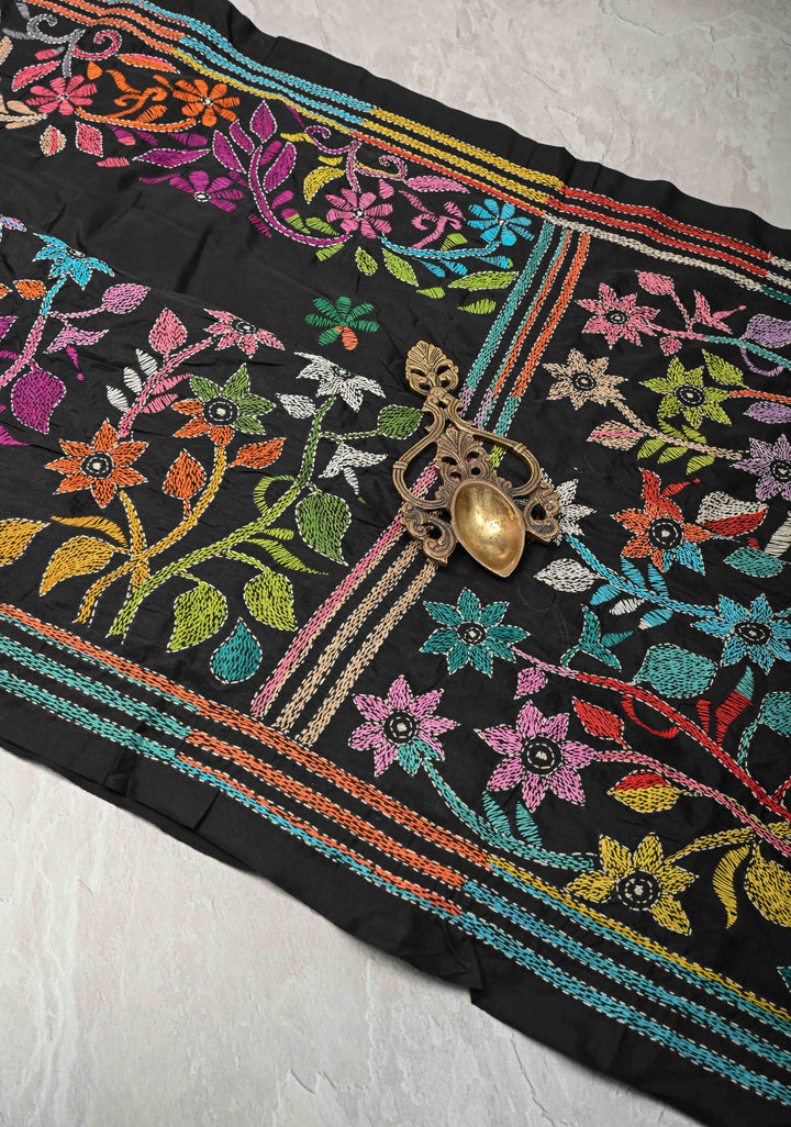 Black Art Silk Saree with Kantha Hand Embroidery Design