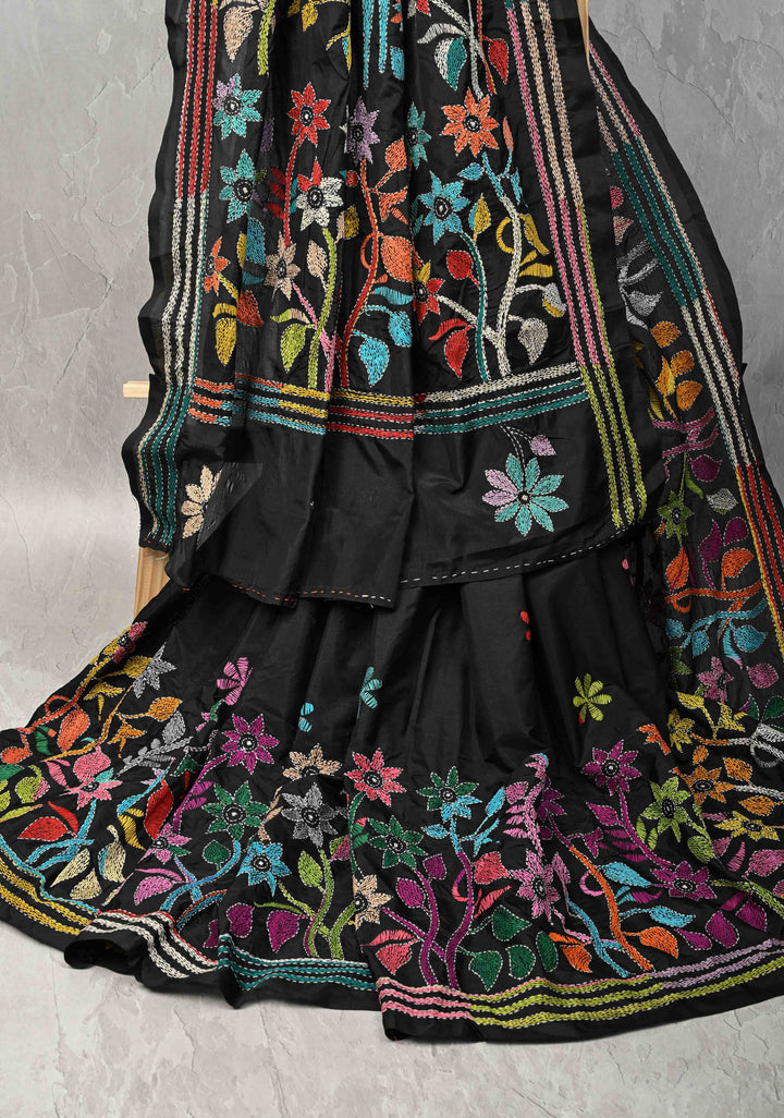 Black Art Silk Saree with Kantha Hand Embroidery Design
