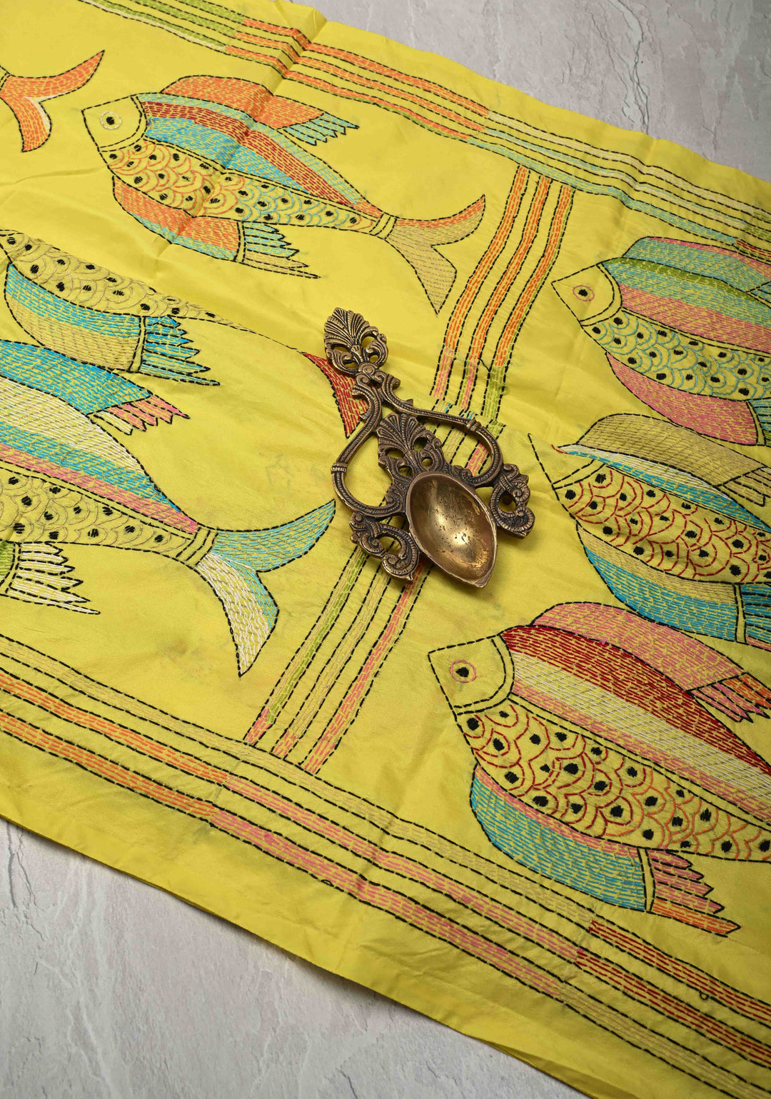 Matsya Kantha Hand Embroidery on Yellow Art Silk Saree