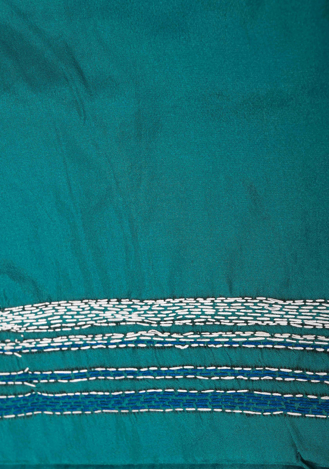 Teal Green Art Silk Saree with Kantha Hand Embroidery Design