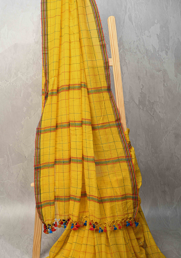 Yellow Bengal Cotton saree with Running Stich and colorfull Tassels