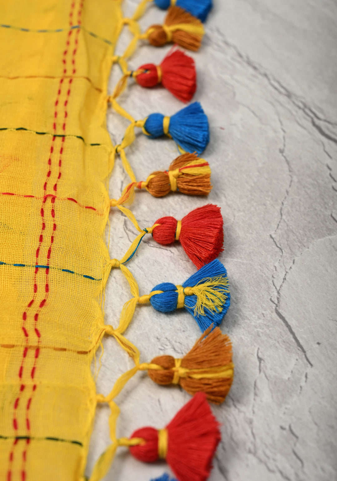 Yellow Bengal Cotton saree with Running Stich and colorfull Tassels