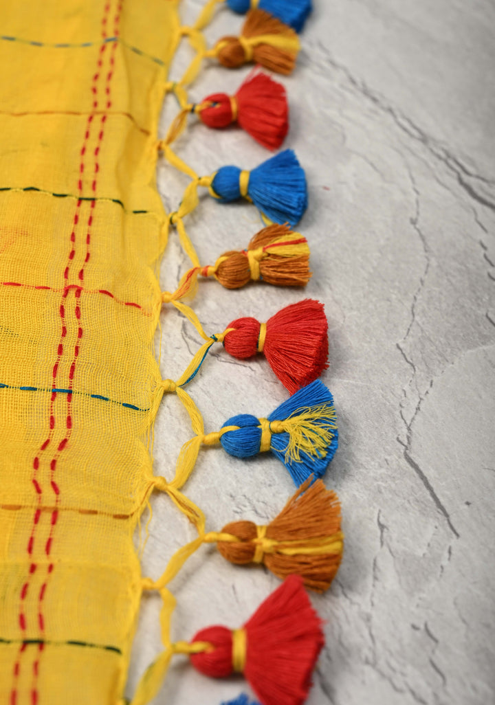 Yellow Bengal Cotton saree with Running Stich and colorfull Tassels