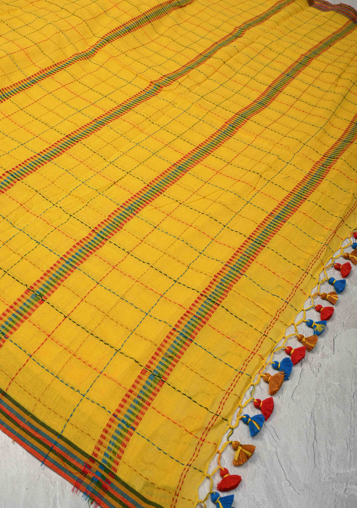 Yellow Bengal Cotton saree with Running Stich and colorfull Tassels