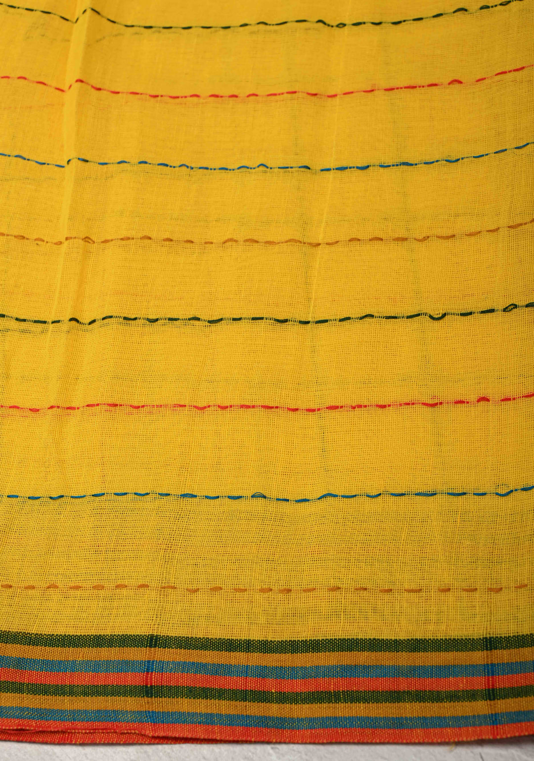 Yellow Bengal Cotton saree with Running Stich and colorfull Tassels