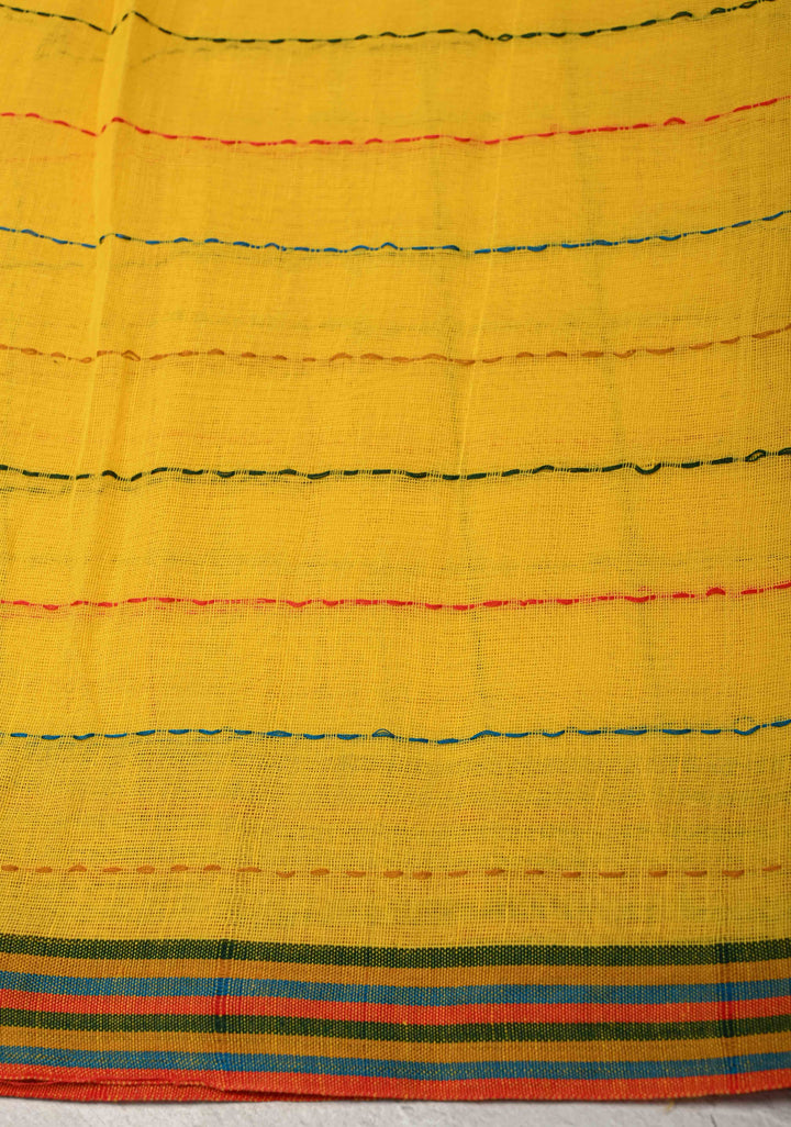 Yellow Bengal Cotton saree with Running Stich and colorfull Tassels