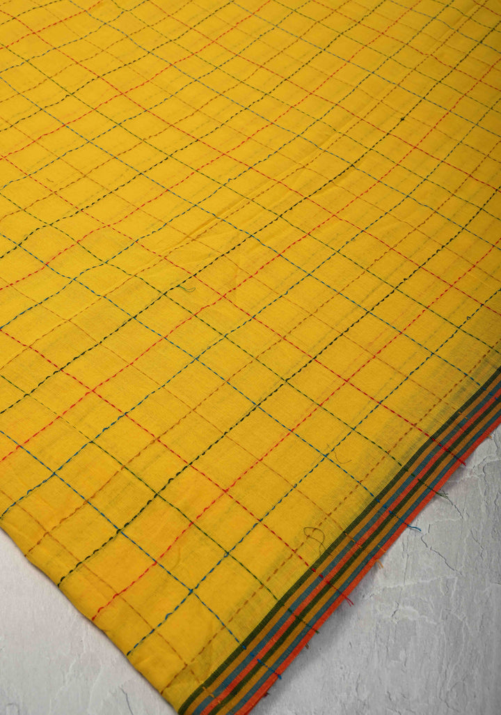 Yellow Bengal Cotton saree with Running Stich and colorfull Tassels