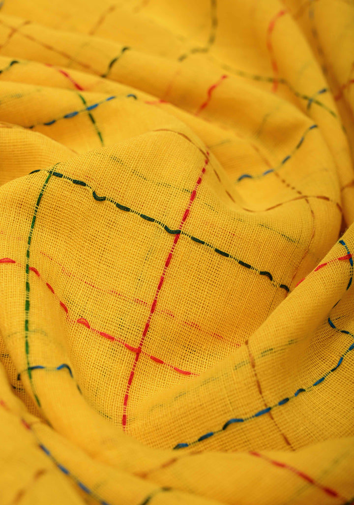 Yellow Bengal Cotton saree with Running Stich and colorfull Tassels