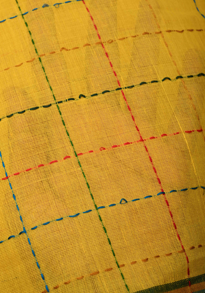 Yellow Bengal Cotton saree with Running Stich and colorfull Tassels