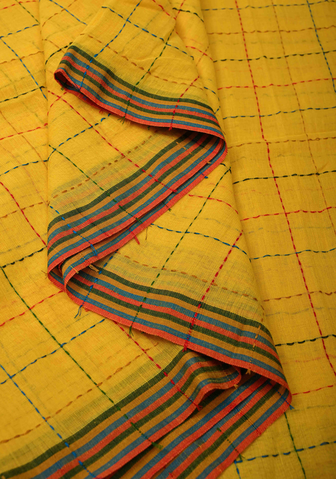 Yellow Bengal Cotton saree with Running Stich and colorfull Tassels
