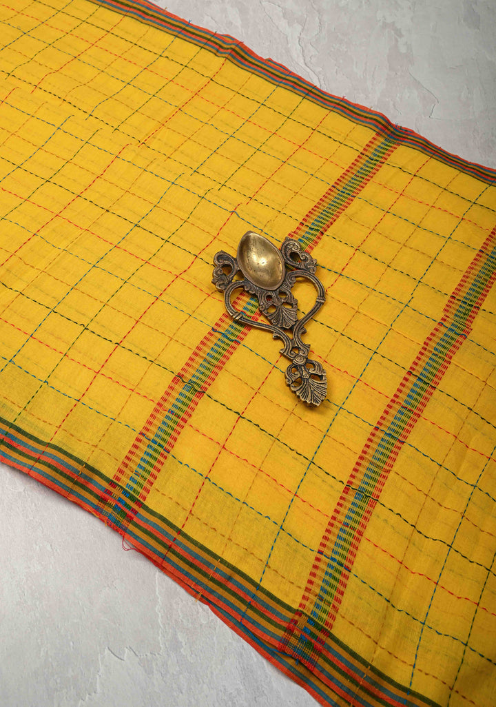Yellow Bengal Cotton saree with Running Stich and colorfull Tassels