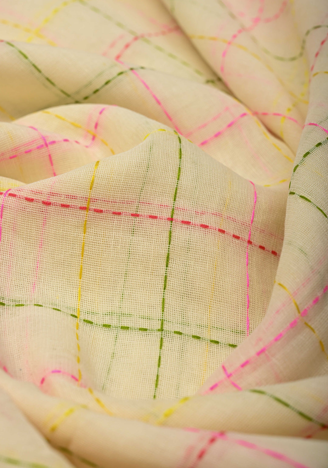 Light Cream Bengal Cotton saree with Running Stich and colorful Tassels