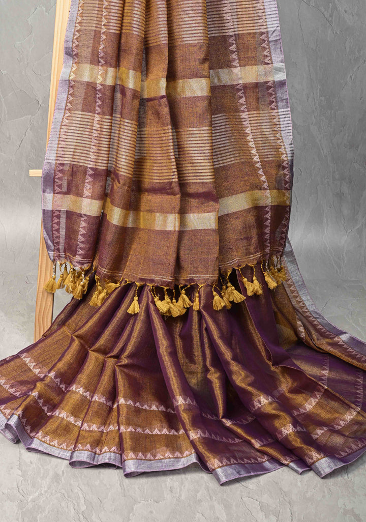 Camel Brown Dual tone Tissue by Tissue Saree with Temple Stripes and Minimal Borders